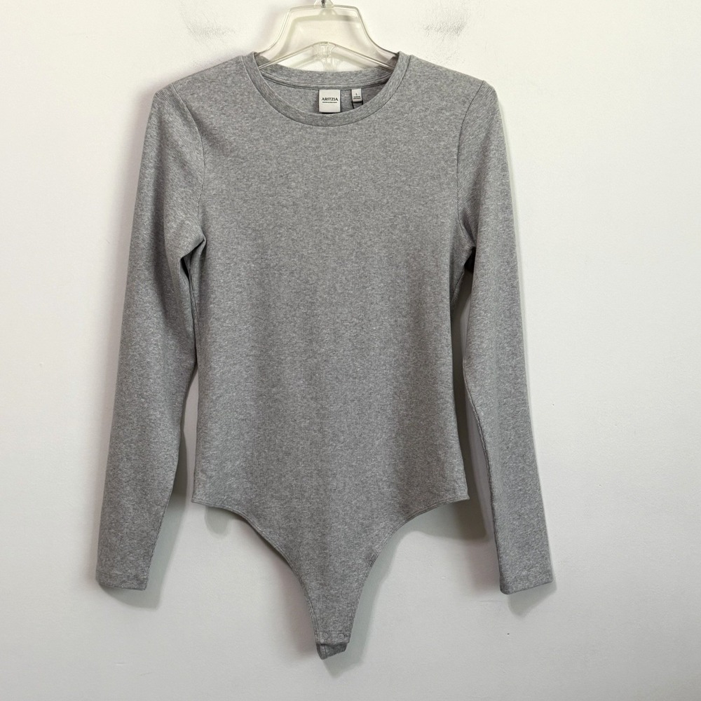 Aritzia HomeStretch Rib Crew Bodysuit L Heather Gray Long Sleeve Top Layer NEW